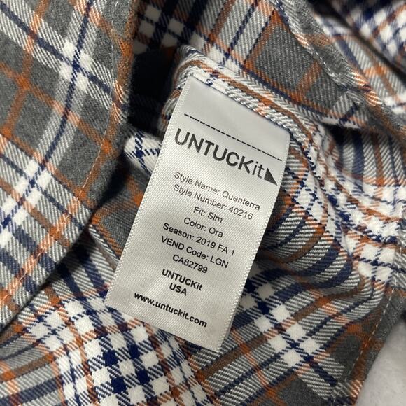 UnTuckit Flannel Shirt Mens Large Slim Fit Brown Gray Plaid Button Up Quenterra - Picture 4 of 8